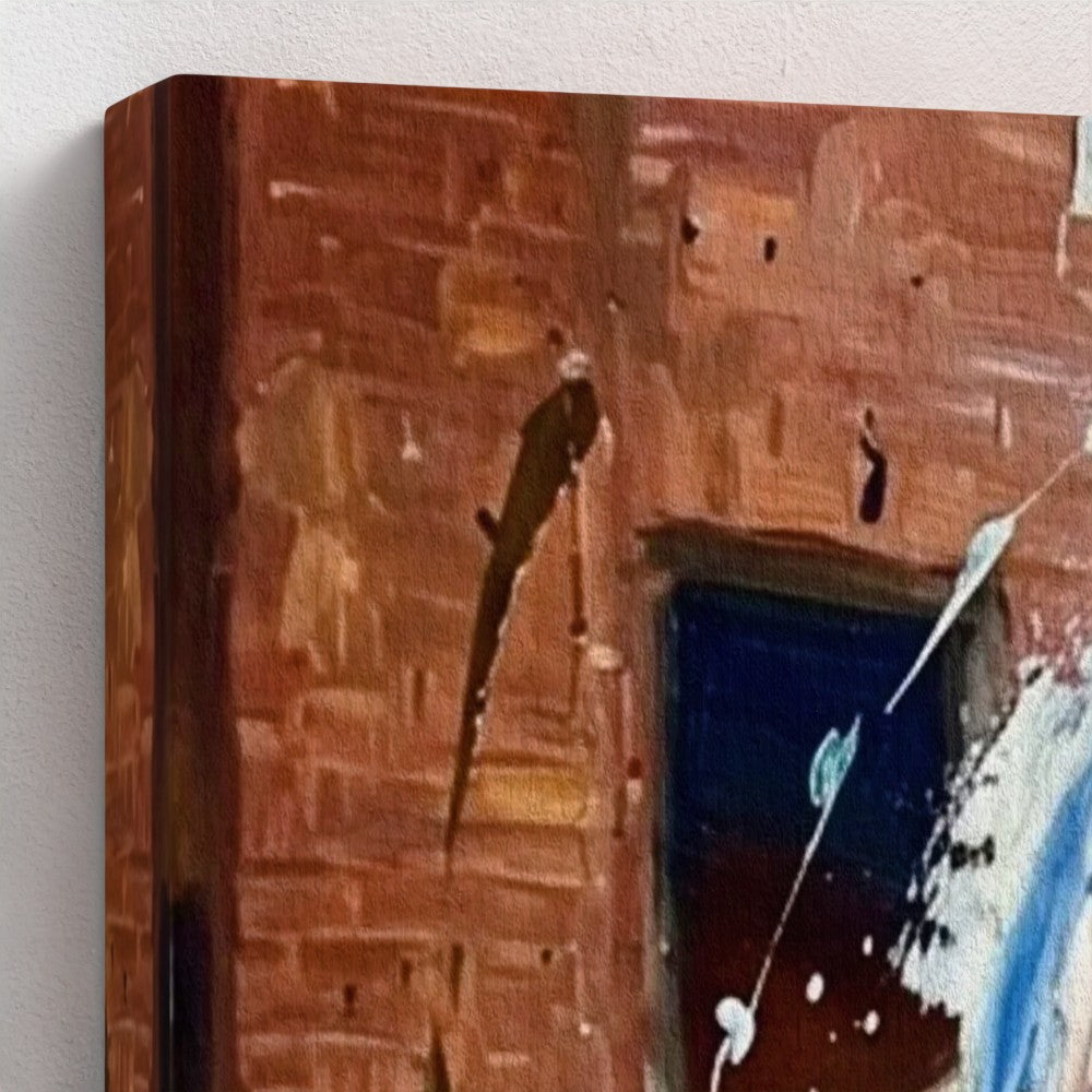 The brum don framed canvas with textured rustic brick wall and bold brown blue white brushstrokes