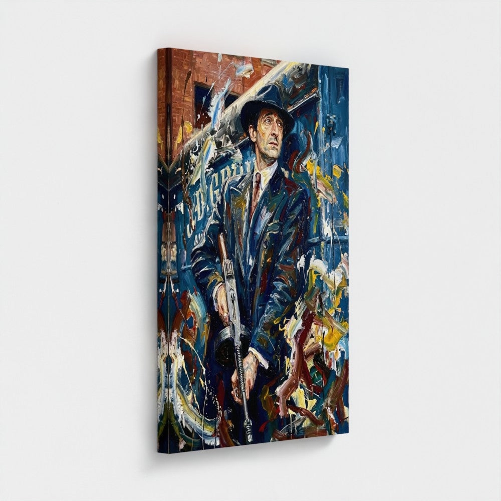 Framed canvas print of the brum don with a man in a dark blue coat and black hat holding a rifle on vibrant abstract background