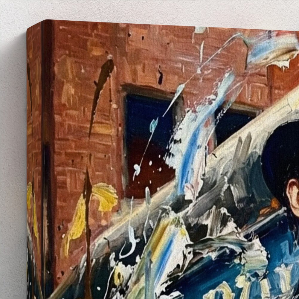 The brum don framed canvas with vibrant blue white and yellow abstract brushstrokes on a red brick wall background