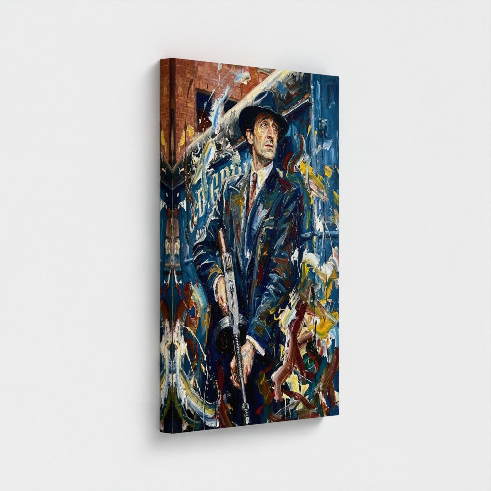 A framed canvas titled the brum don with a vibrant abstract painting of a man in a dark suit holding a rifle