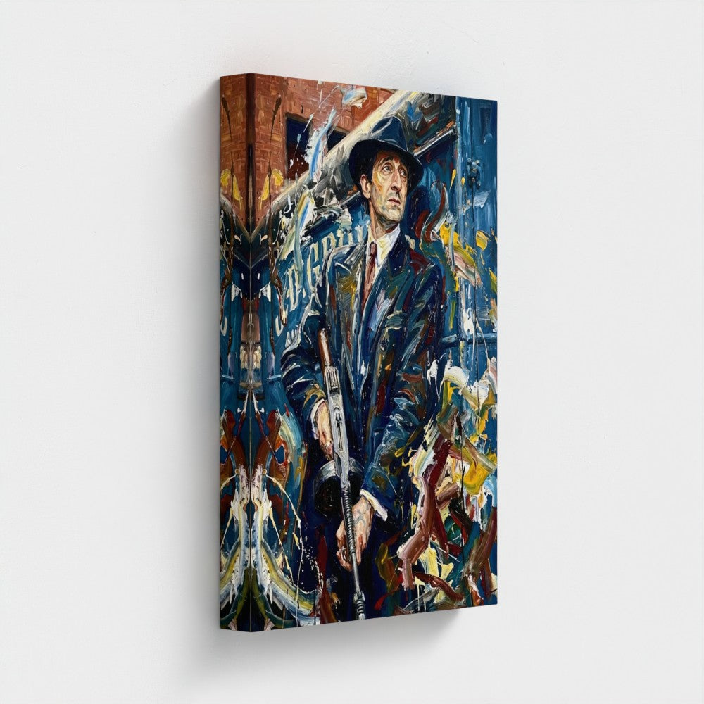 The brum don framed canvas with vibrant abstract painting of a man in dark suit holding a rifle on colorful background