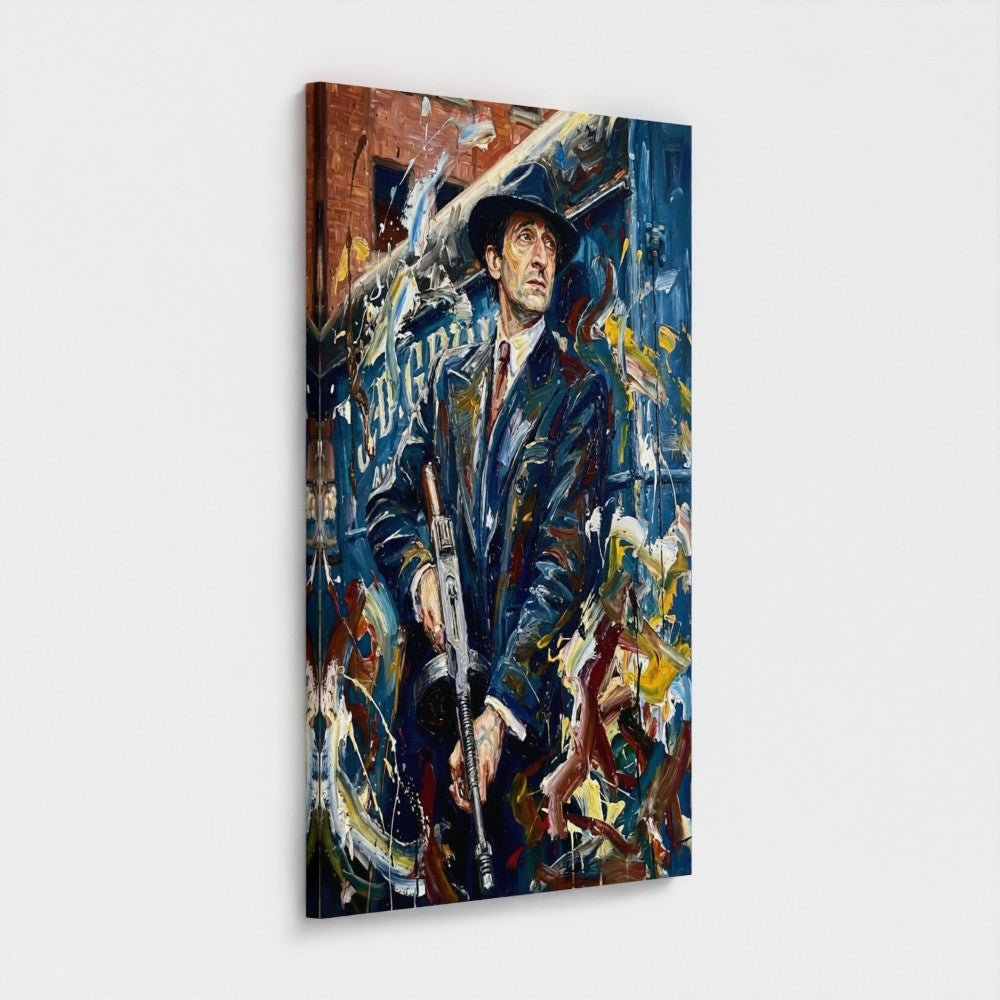 The Brum Don framed canvas features a man in a dark blue suit and hat holding a rifle with bold yellow red splashes