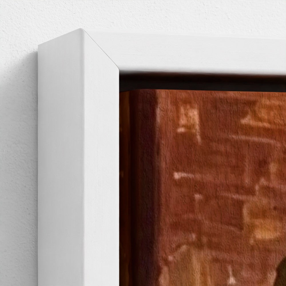 White framed canvas art titled the brum don featuring a textured warm-toned brick wall design