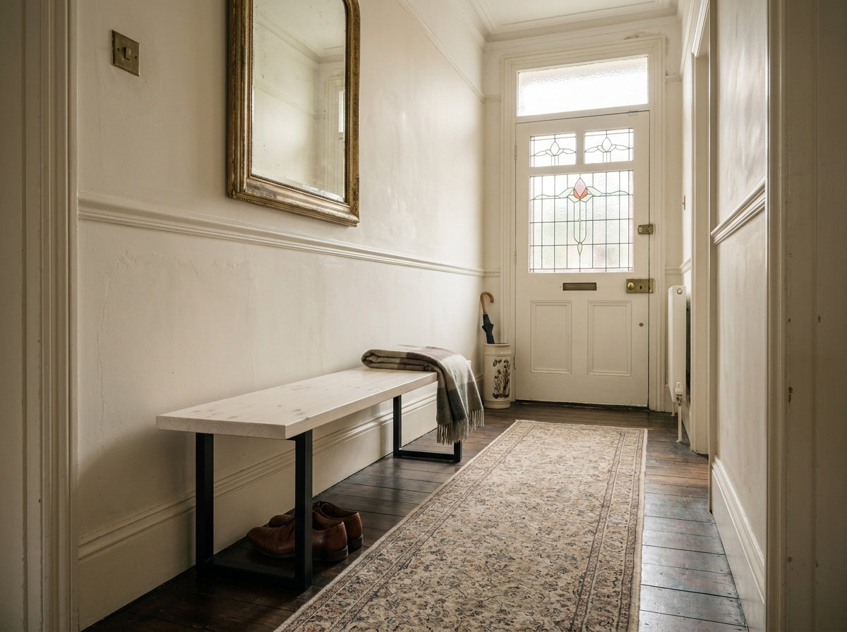 White marble-top bench with black metal legs from the bruton bench bruton range perfect for modern spaces