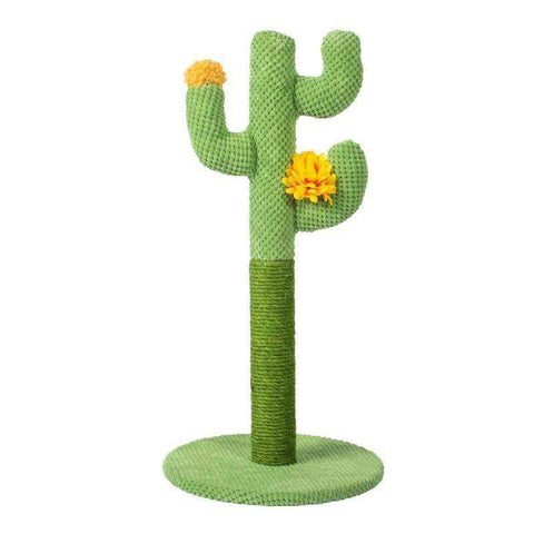 Green crocheted cactus cat scratching post with yellow fabric flowers and sisal wrapped scratching post
