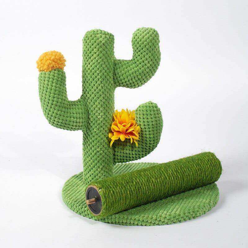 Green crocheted cactus cat tree with yellow fabric flowers on sisal base perfect for cactus cat scratching post use