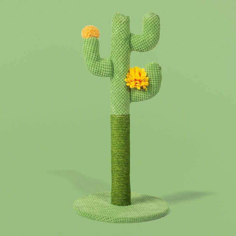 Green knitted cactus cat tree with yellow fabric flowers and rope wrapped pole for cactus cat scratching post