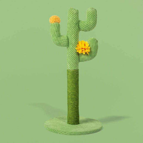 Green knitted cactus cat tree with yellow fabric flowers and rope wrapped pole for cactus cat scratching post