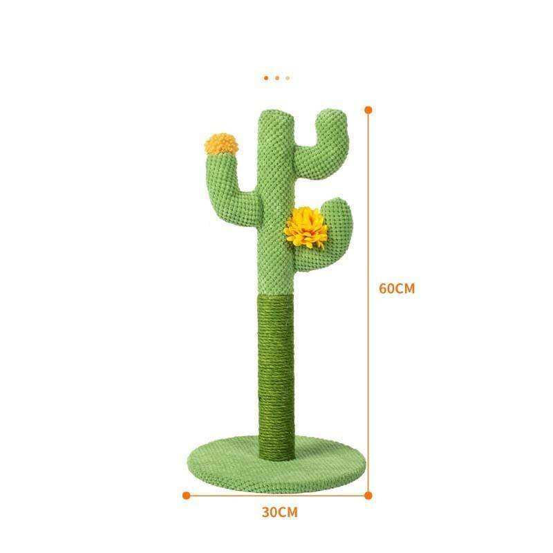 Green knitted cactus cat scratching post with yellow pom-pom flowers and textured scratching surface