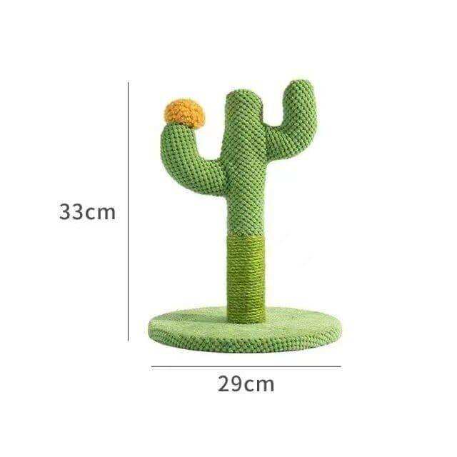 Green crocheted cactus cat scratching post with yellow pom-pom top and textured scratching surface for cats