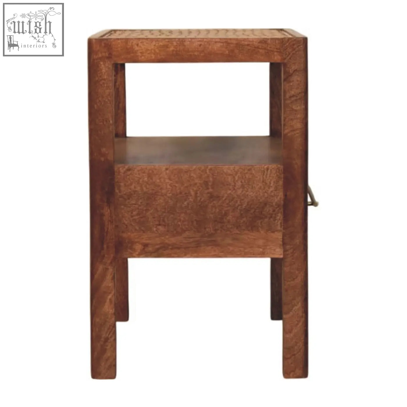 A honey caramel caldera bedside stand with woven cane top, open shelf, and a brass handle drawer