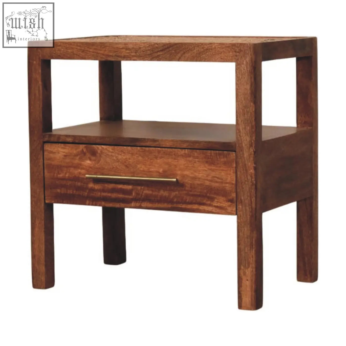 Dark brown wooden caldera bedside stand with honey caramel open shelf and sleek brass handle drawer