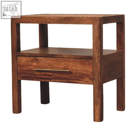 Dark brown wooden caldera bedside stand with honey caramel open shelf and sleek brass handle drawer