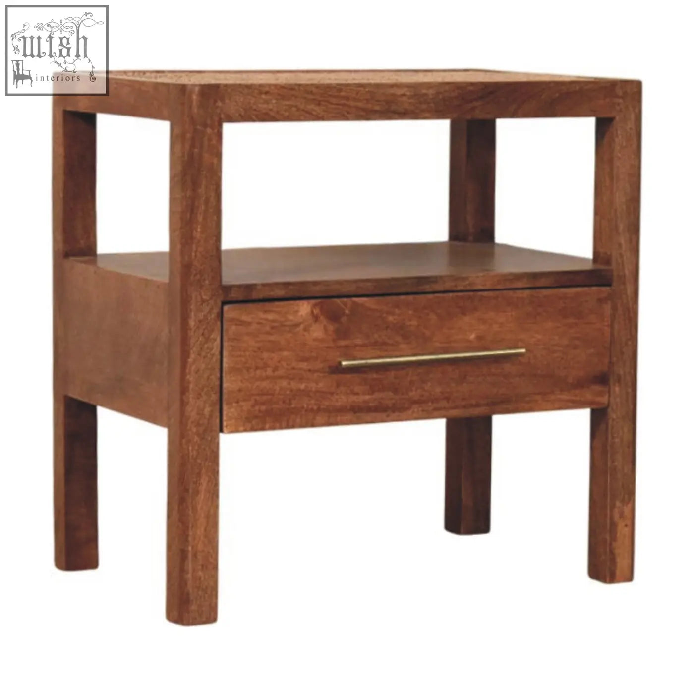 Brown wooden caldera bedside stand with honey caramel finish, single drawer, sleek brass handle, and open shelf