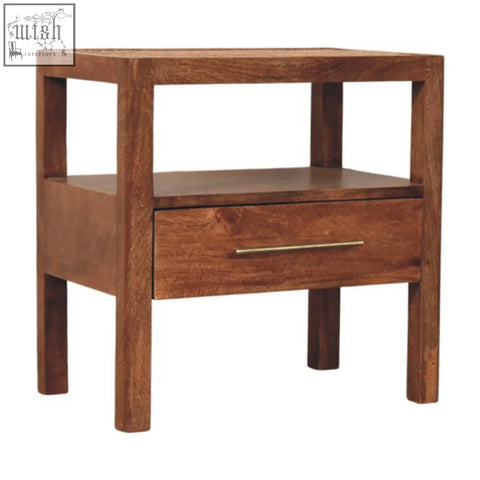 Brown wooden caldera bedside stand with honey caramel finish, single drawer, sleek brass handle, and open shelf