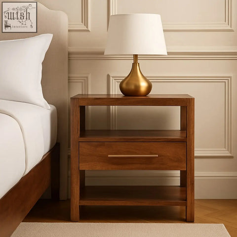 The caldera bedside stand in honey caramel features a dark wood nightstand with an open shelf and golden lamp