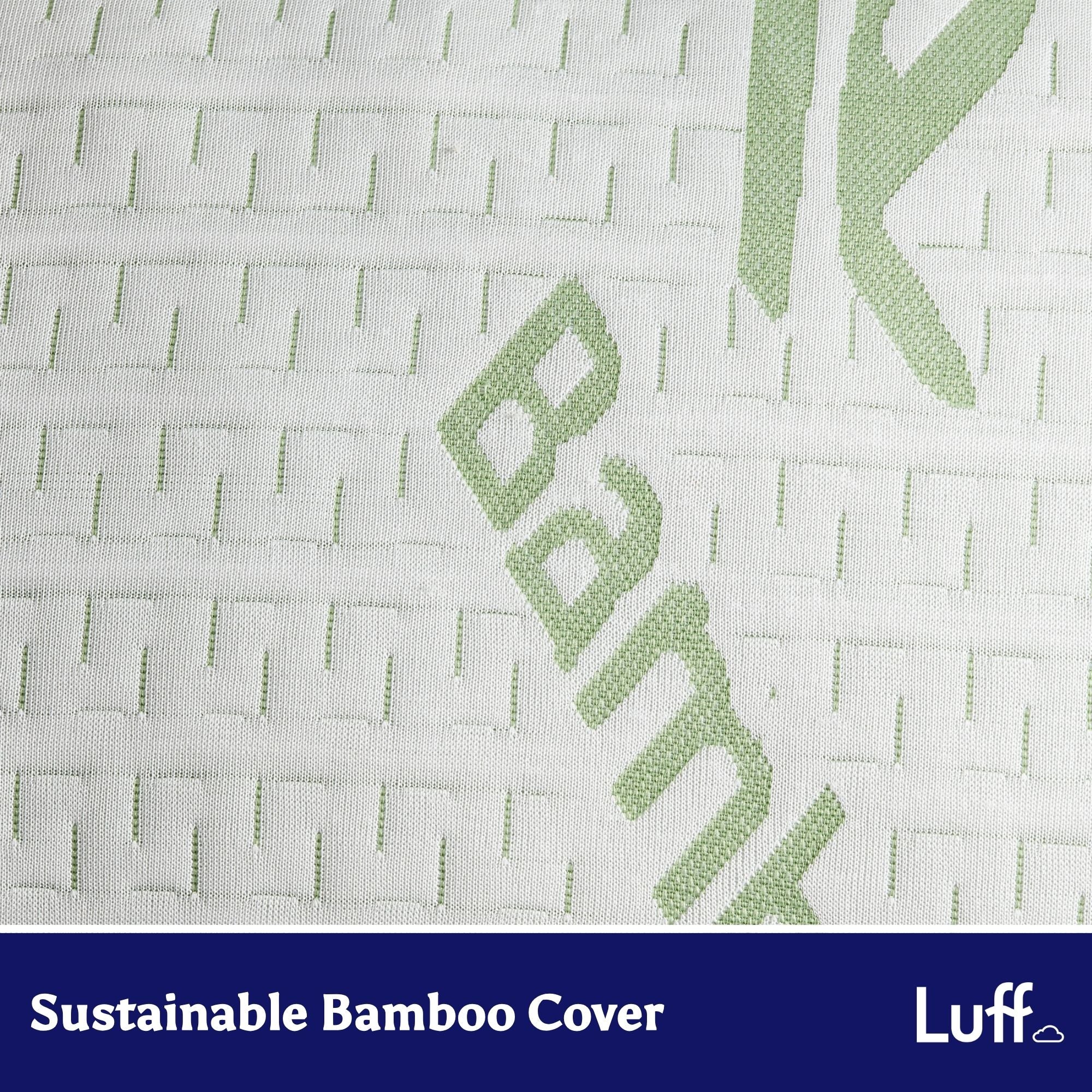 White bamboo cover pillow with light green bamboo text and woven pattern by luff for the cambridge firm bamboo pillow