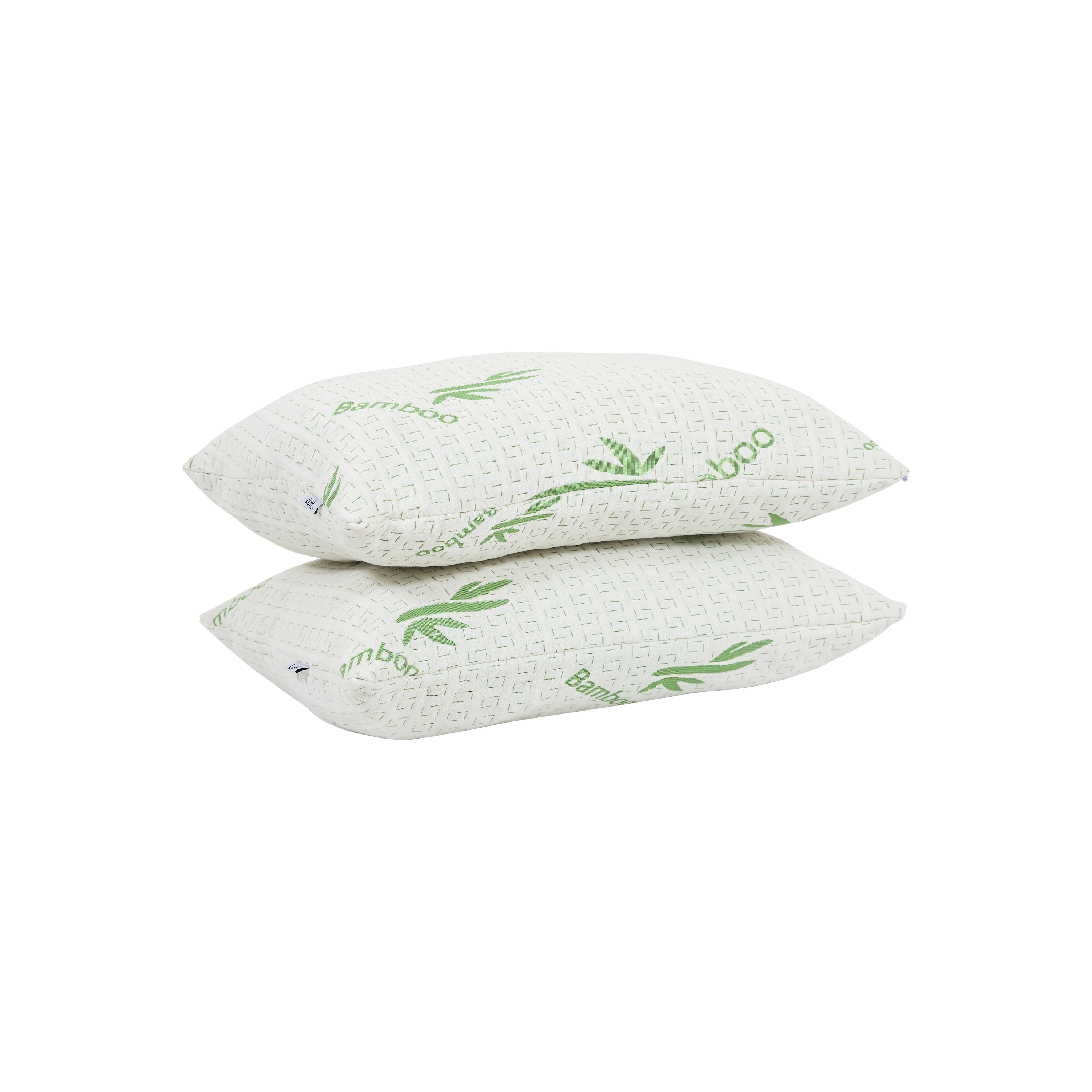 White bamboo pillow by the cambridge firm with green leaf and bamboo text on a textured surface