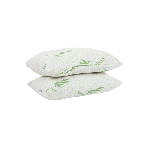 White bamboo pillow by the cambridge firm with green leaf and bamboo text on a textured surface