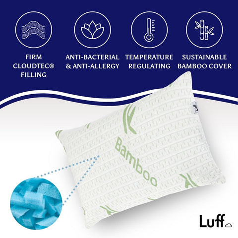 White cambridge firm bamboo pillow with green bamboo branding and sustainable bamboo cover filled with firm cloudtec filling