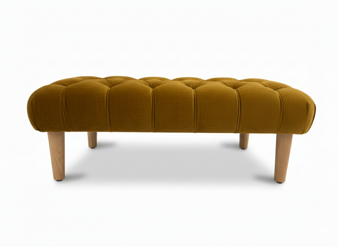 Mustard yellow velvet tufted chester foot stool with light wood legs perfect for cozy seating or resting feet
