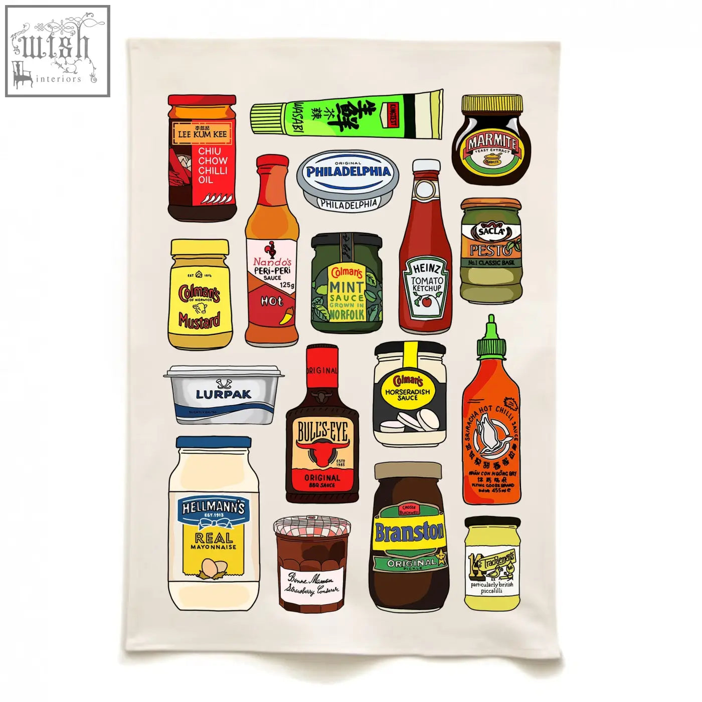 Cream-colored tea towel featuring a colorful grid of popular condiment jars and bottles called the condiments tea towel