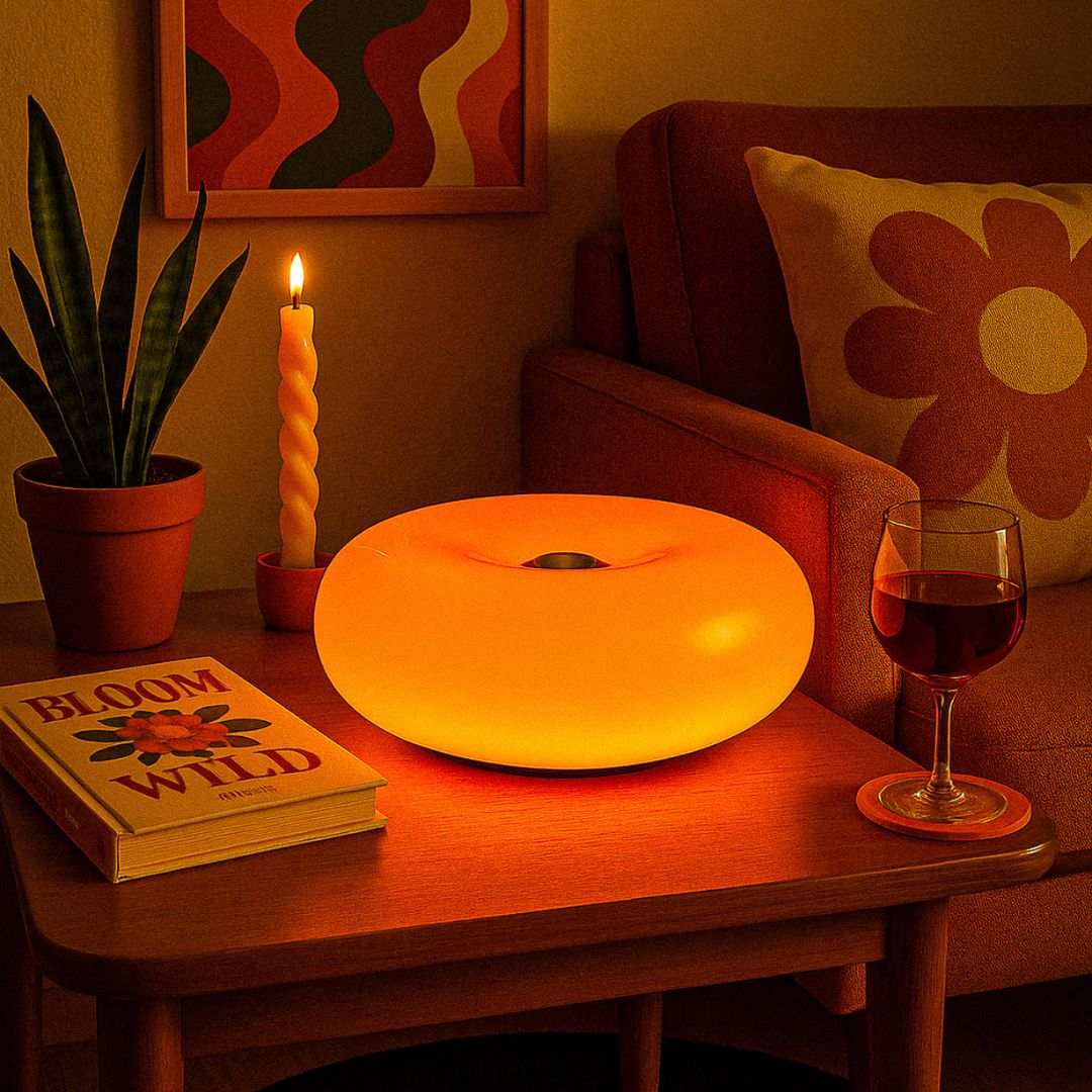 The donut lamp features a smooth rounded design with a warm ambient orange glow perfect for cozy lighting