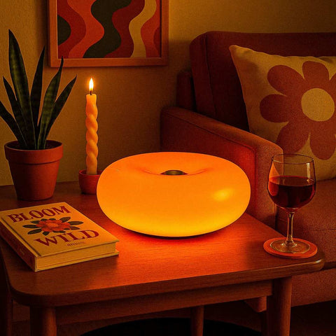 The donut lamp features a smooth rounded design with a warm ambient orange glow perfect for cozy lighting