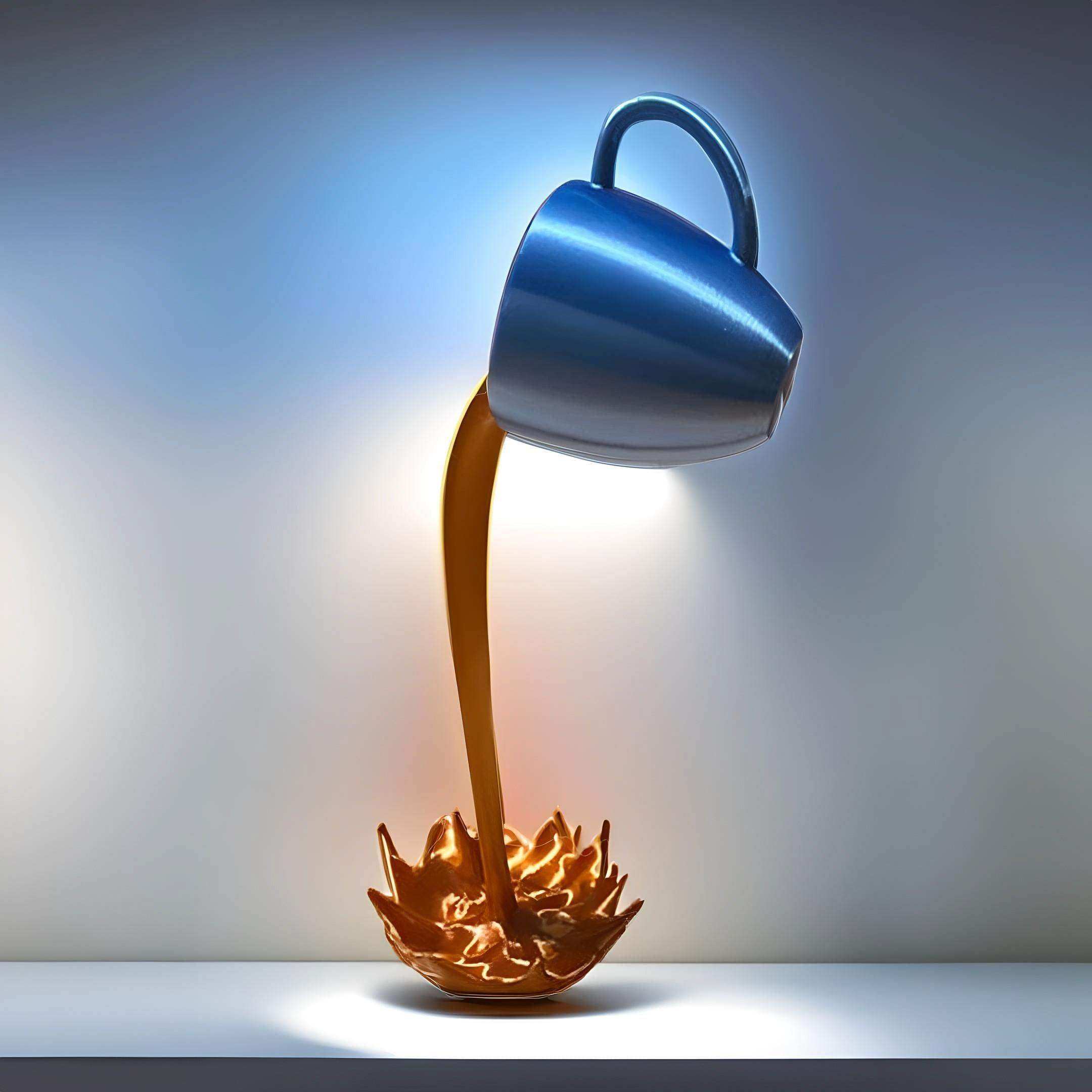 A sleek metallic blue coffee mug lamp with a golden liquid stream pouring into an ornate gold base dripping coffee sculpture