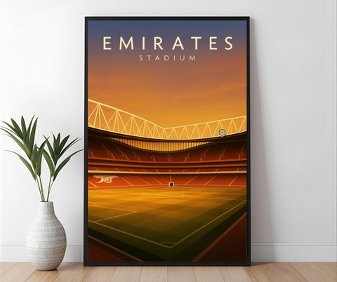 A framed emirates stadium wall art with warm orange and gold tones showcasing iconic architecture at sunset