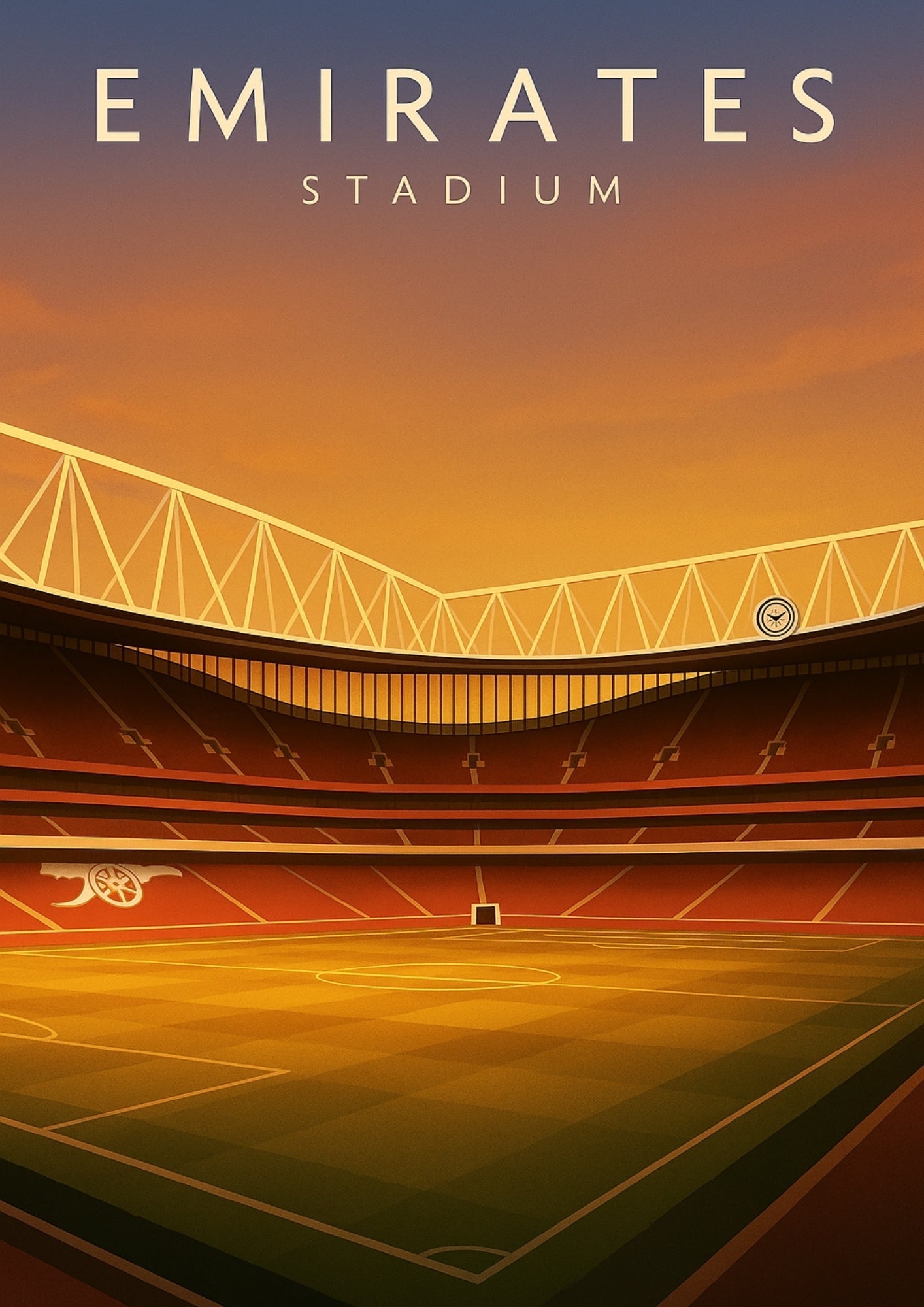 A stylized emirates stadium wall art with iconic arched roof and red seating under warm orange sunset sky
