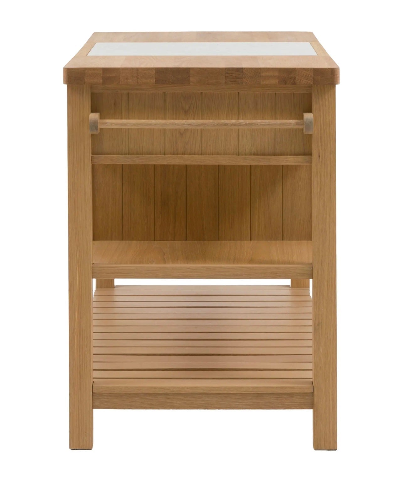 The england kitchen island unit in light oak with white ceramic countertop and slatted shelf d650 x h237mm