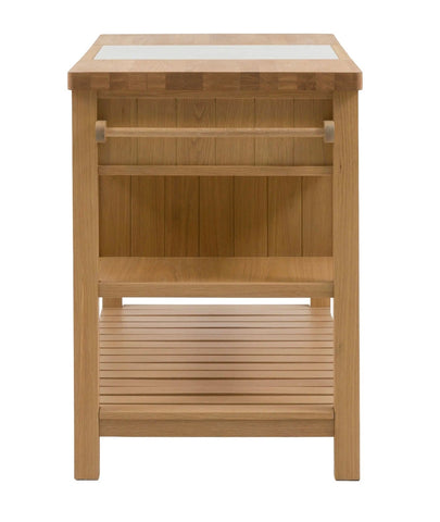 The england kitchen island unit in light oak with white ceramic countertop and slatted shelf d650 x h237mm