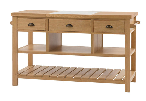The england kitchen island unit in light oak wood with three drawers open shelving glass top d650 x h237mm