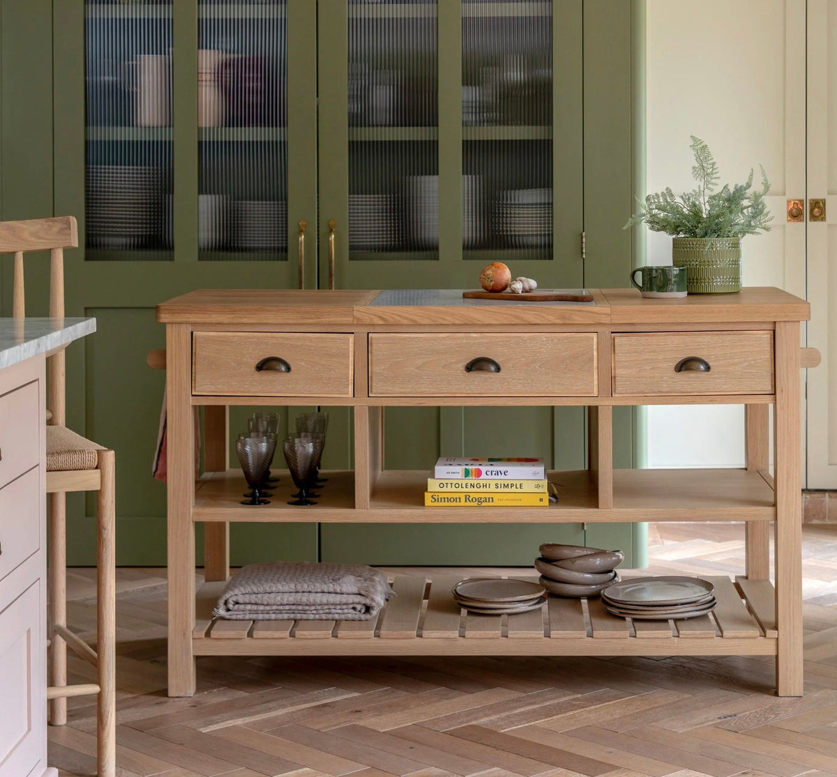 The england kitchen island unit features a light oak finish with three drawers, open shelving, stone countertop d650 x h237mm