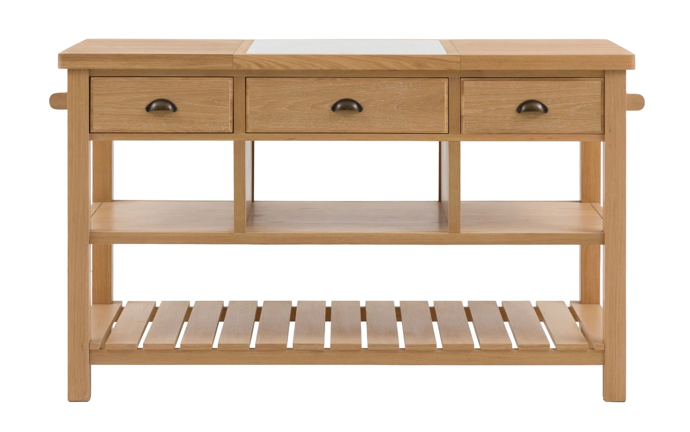 Light oak wooden kitchen island the england with three drawers glass top section and open shelving d650 x h237mm