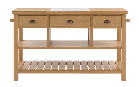 Light oak wooden kitchen island the england with three drawers glass top section and open shelving d650 x h237mm