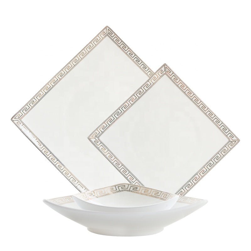White ceramic bone china dinner plates with silver greek key border from the glamour bone china dinner set 16 piece