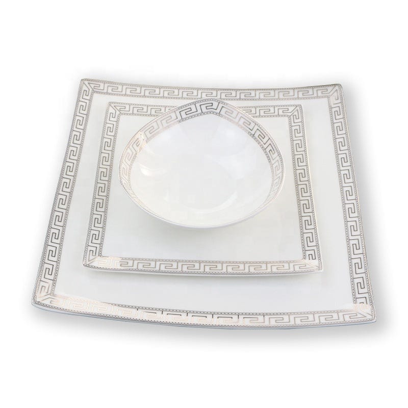 White bone china dinner set with square plate and bowl featuring silver greek key pattern edge design