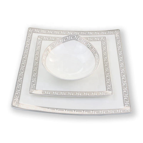 White bone china dinner set with square plate and bowl featuring silver greek key pattern edge design