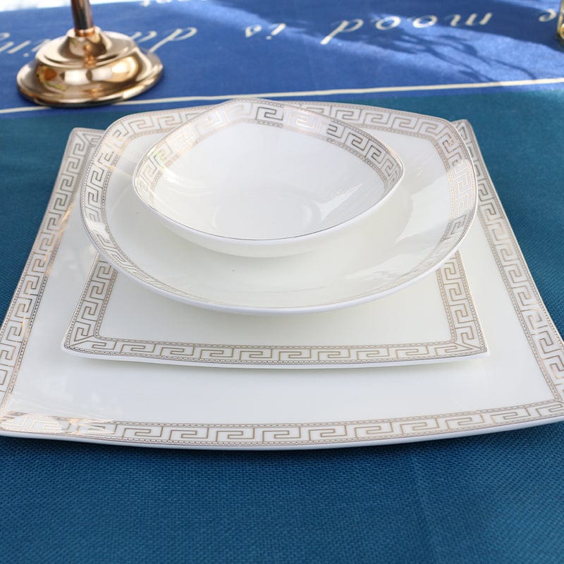 White bone china dinner set with silver greek key trim from the glamour bone china dinner set 16 24 piece