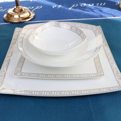 White bone china dinner set with silver greek key trim from the glamour bone china dinner set 16 24 piece