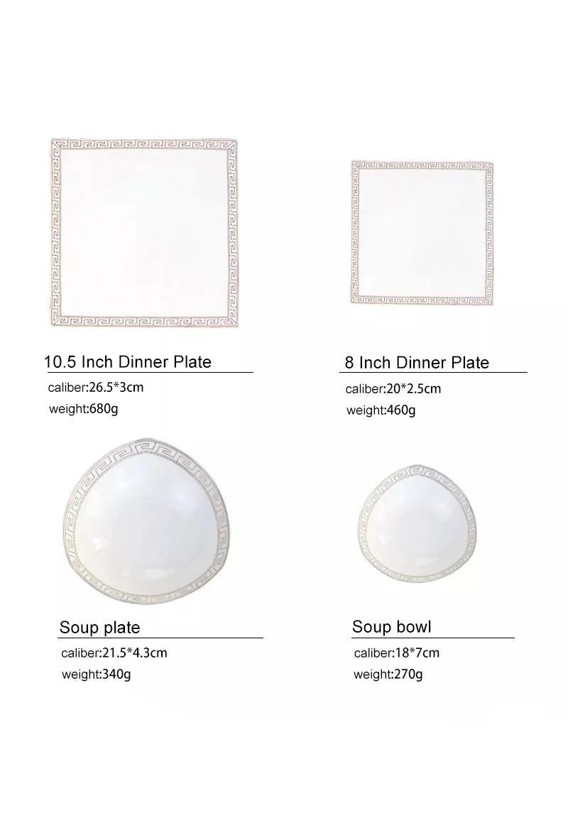 White ceramic bone china dinner set with silver greek key patterned rims including plates and soup bowls