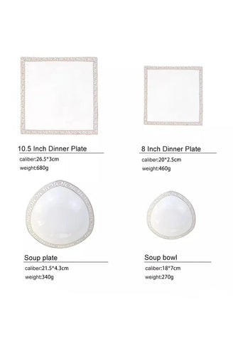 White ceramic bone china dinner set with silver greek key patterned rims including plates and soup bowls