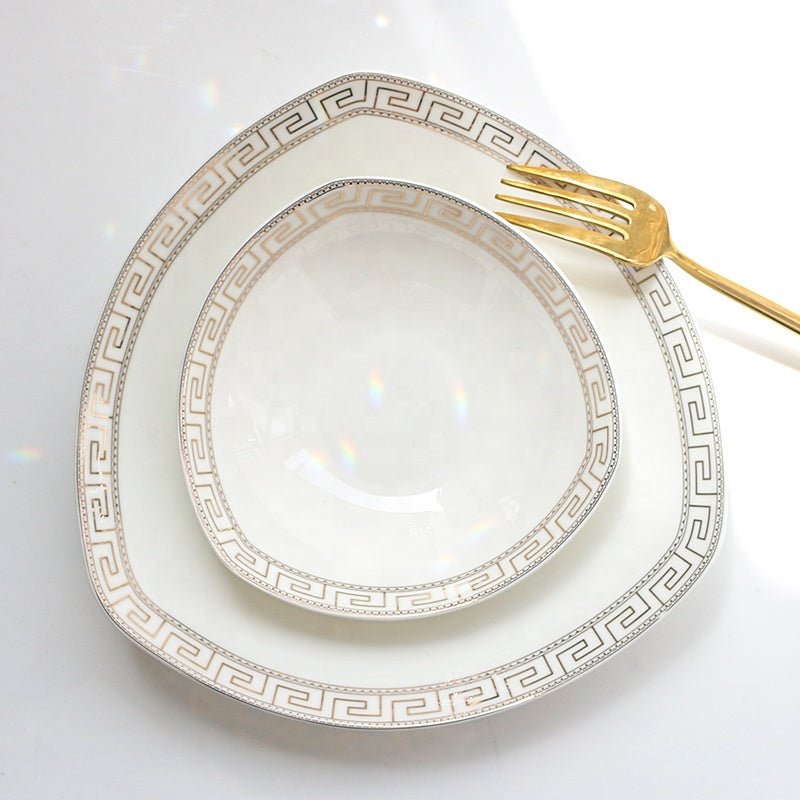 White bone china dinner set plates with silver greek key patterned rims from the glamour 16 24 piece set