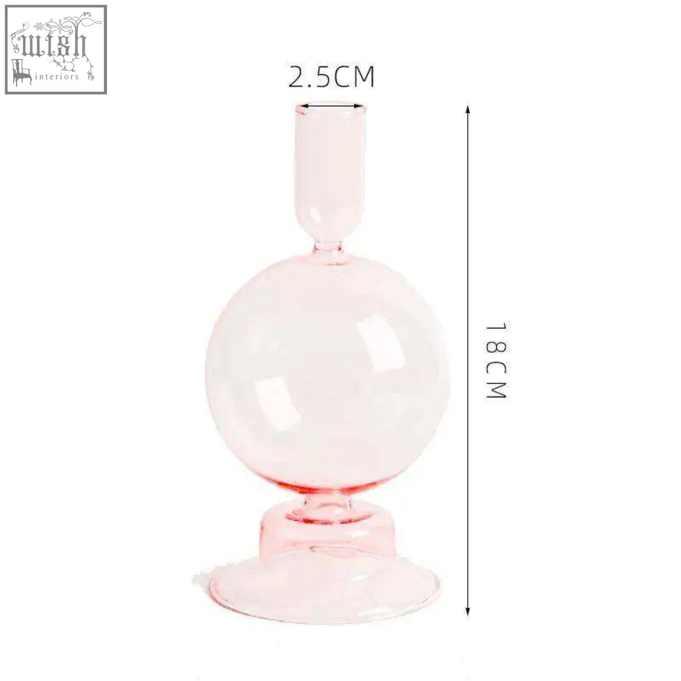 A translucent pink glass candle holder with a spherical body narrow neck and flared base for candles