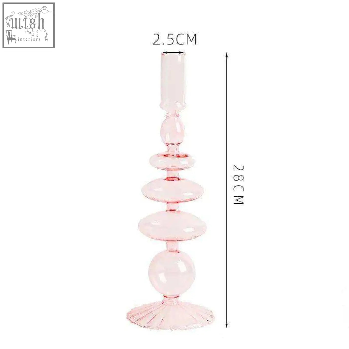 A delicate pink glass candle holder with a tiered bulbous design and fluted base perfect for candles