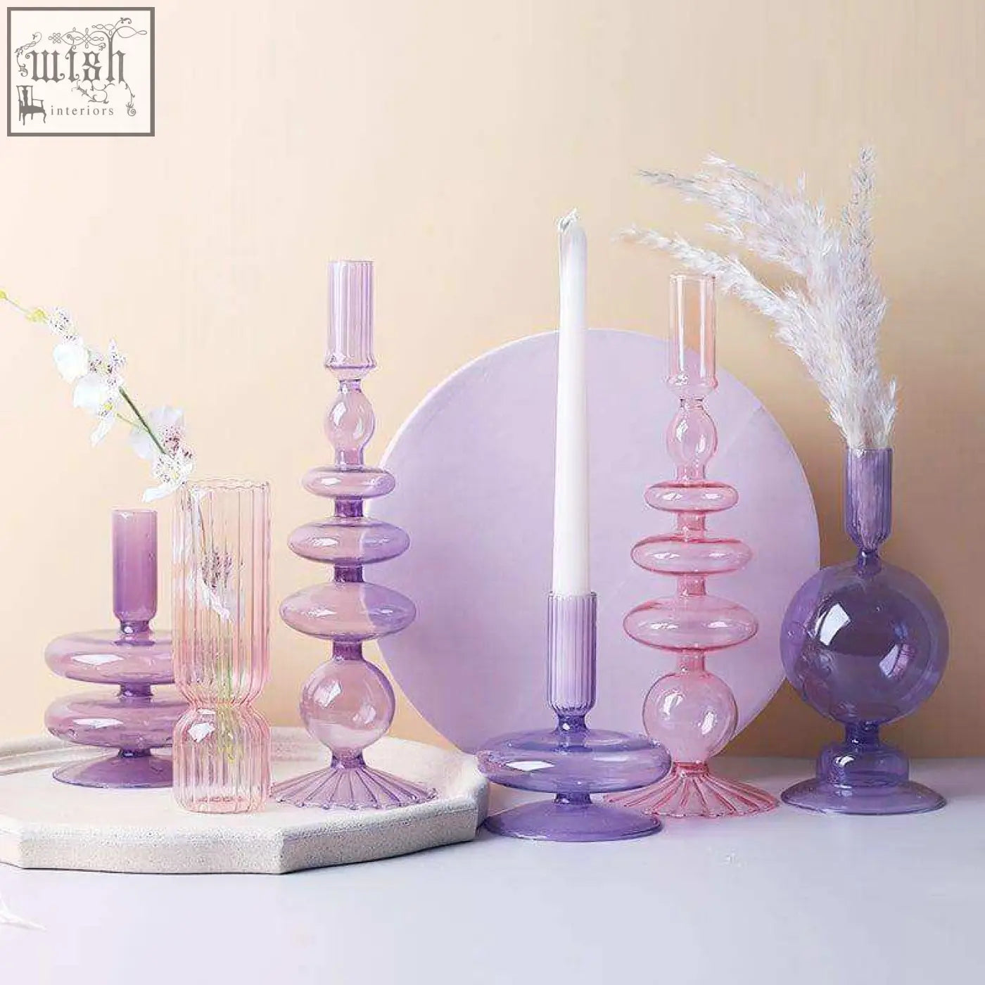 Pastel purple and pink glass candle holder with stacked rounded tiers perfect for stylish glass candles