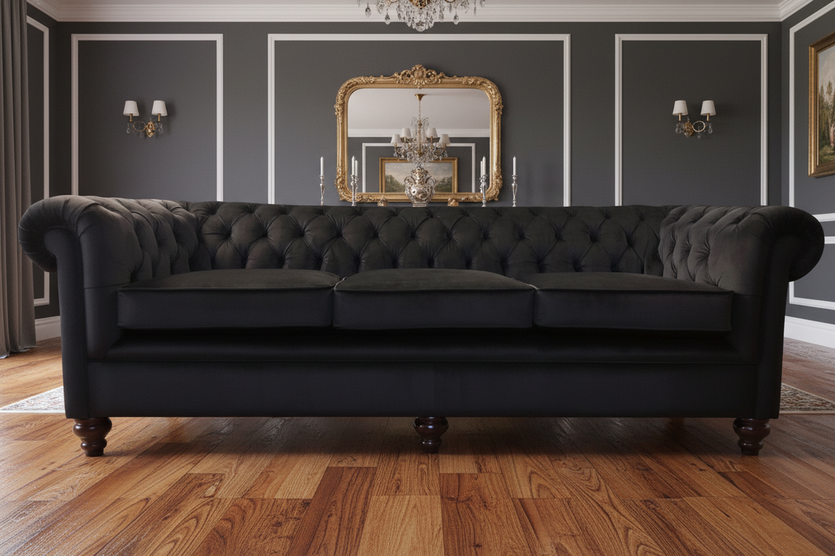 The grande sofa is a black tufted leather chesterfield with rolled arms dark wooden legs and 80cm high frame with high density foam