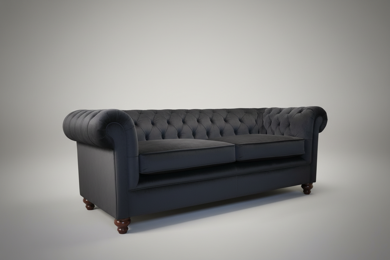 Dark gray tufted leather chesterfield grande sofa with rolled arms wooden legs and 80cm high high density foam seating